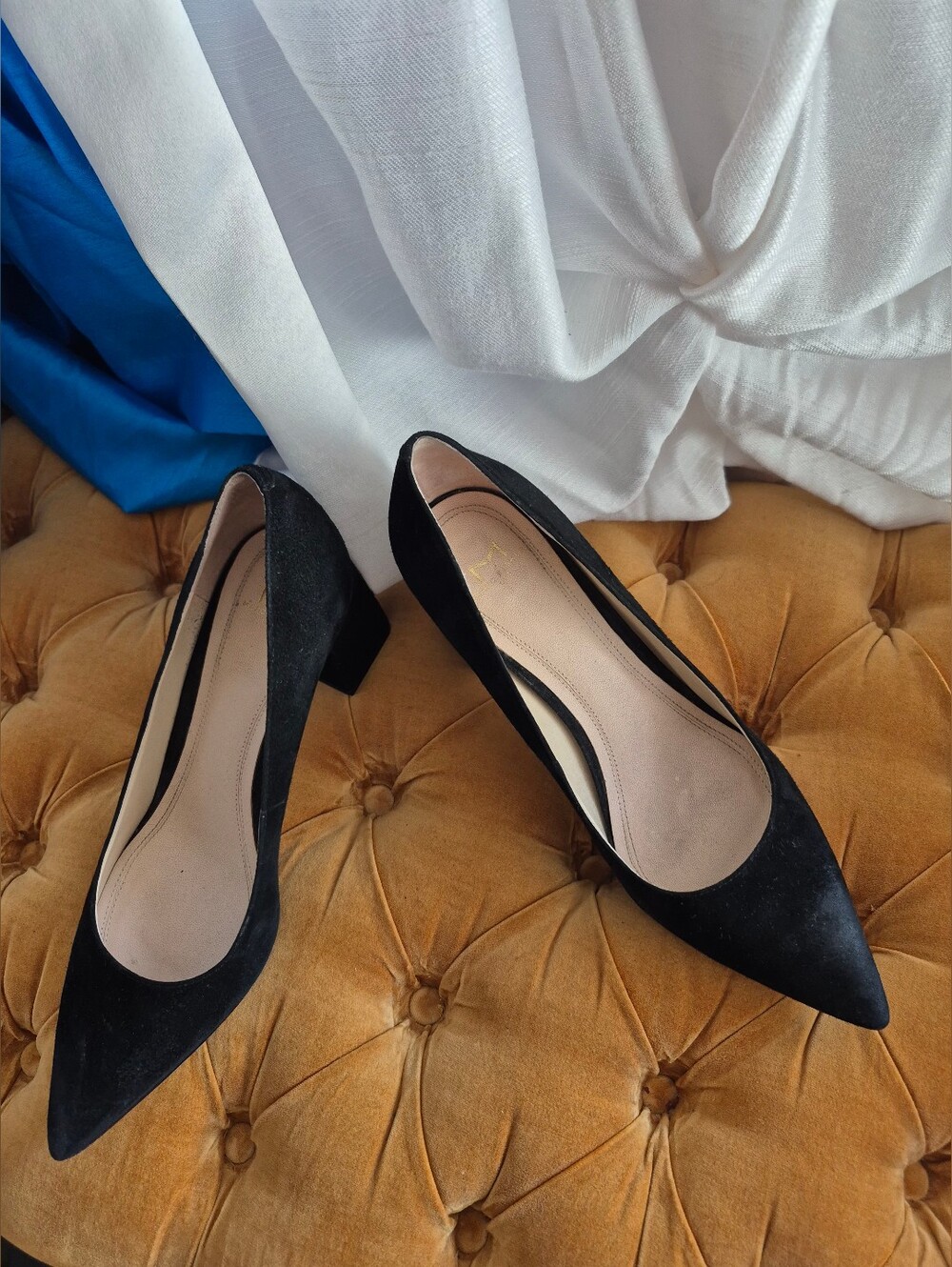 Marc Fisher LTD Zala Black Suede Pointed Toe Block Heel Pumps Leather Sole 7.5